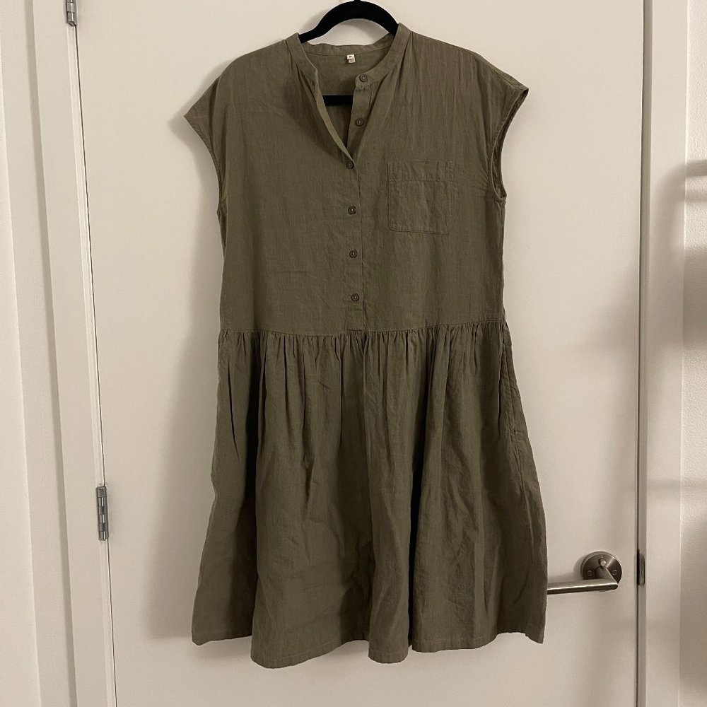 Olive/Brown Sleeveless Button-Down Dress